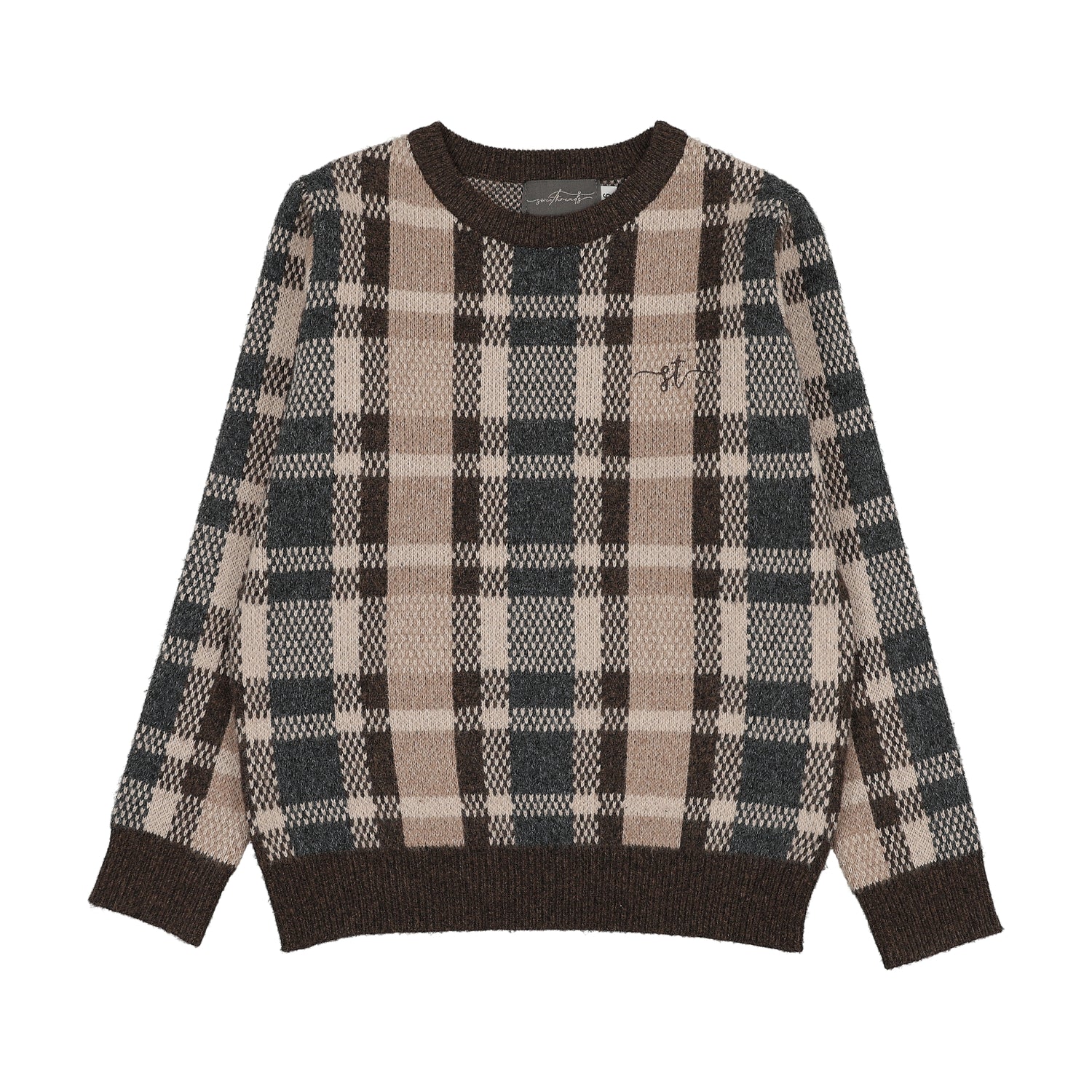 Brown Plaid Crew Sweater